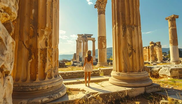 Woman in a white dress exploring ancient Greek ruins on a sunny day, marble columns, historical site, sense of discovery and travel