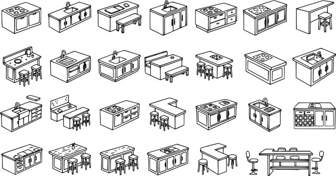 Isometric Kitchen Furniture Line Art Icons - Modern Home Design Elements