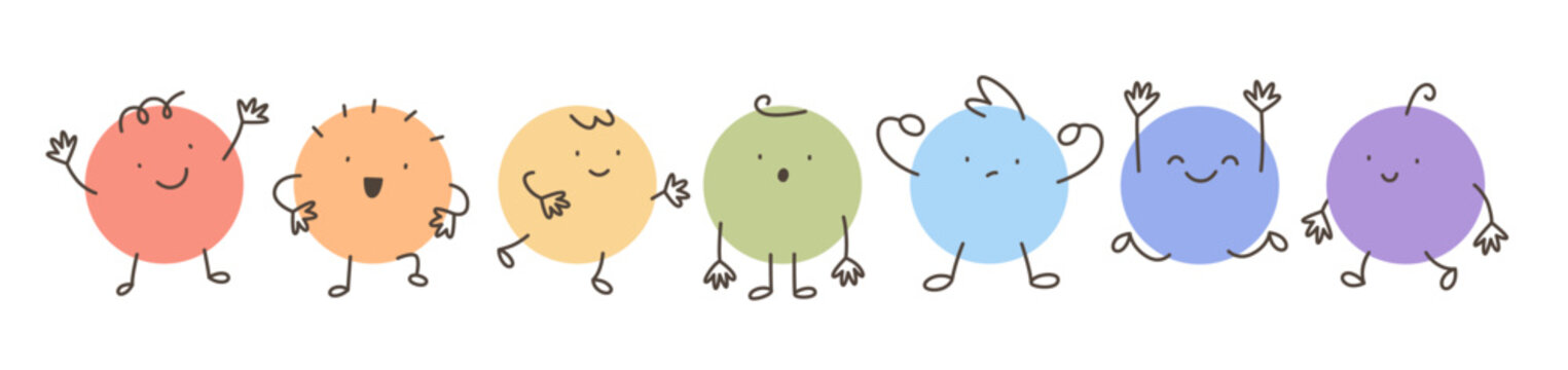 Happy round shape characters in rainbow colors. Cute children illustration. Funny little people vector illustrations