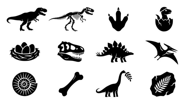 Black silhouettes of various dinosaurs and fossils on white background