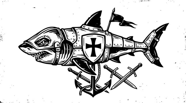 Knight shark in armor with swords and an anchor symbol