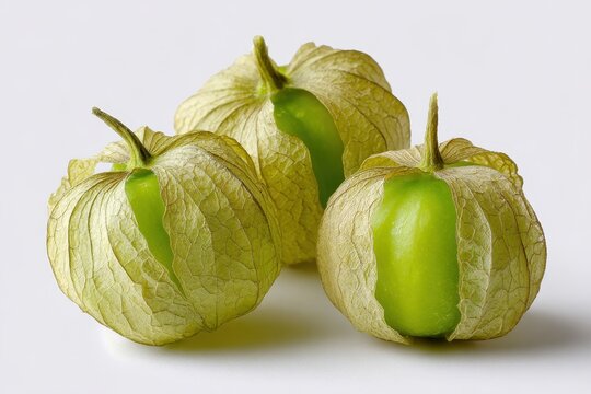 Green tomatillos arranged in a row on a white studio backdrop