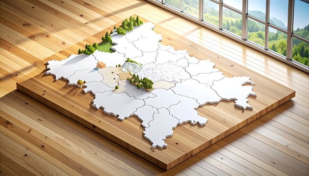3D isometric map of a region with miniature trees and buildings on a wooden base, viewed from above with a scenic landscape background