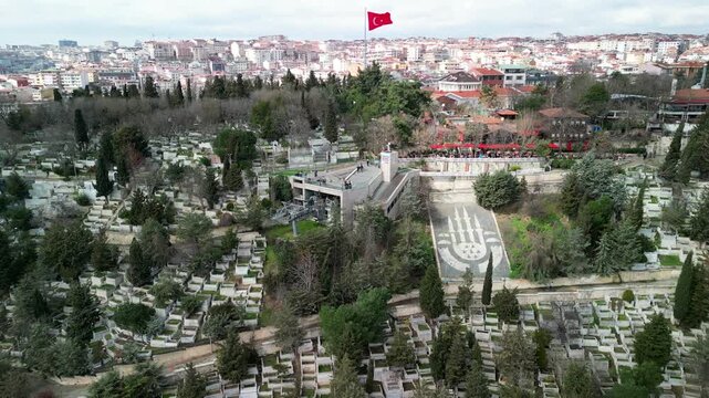 Eyup Cable Car on a hill in Istanbul Turkey, fly away shot