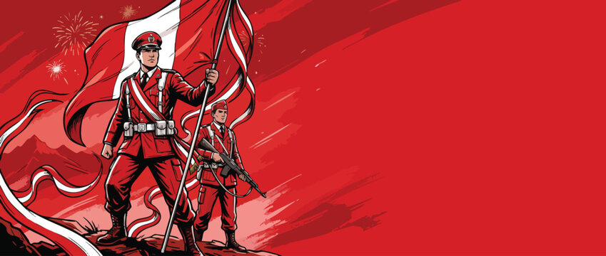 Peruvian Patriot Soldiers Holding Flag for National Pride