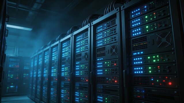 A secure server room with rows of computer servers and blinking lights in a dark and misty environment, emphasizing the importance of security and data protection in modern technology infrastructure.