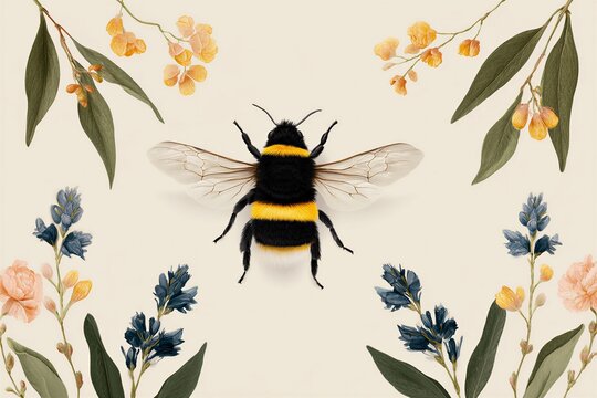 Bumblebee illustration with floral border on beige background