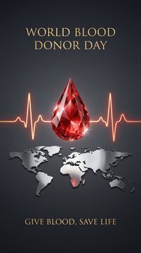 Donor day poster with a red gemstone and map give save life ecg line donor day 14 june 2026 event template 4k download