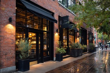 Fototapeta premium Historic brick commercial facade with dark accents and reflective storefront along a city sidewalk