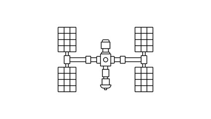 Minimalist space station vector icon featuring an editable stroke design for customizable line weight, perfect for sci-fi illustration, aerospace technology projects, and modern galaxy exploration. © Naseem