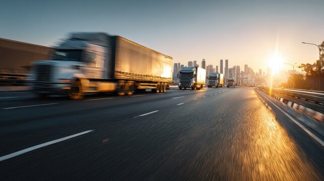 Highway rush: fast-moving cargo trucks on a multi-lane road at golden hour