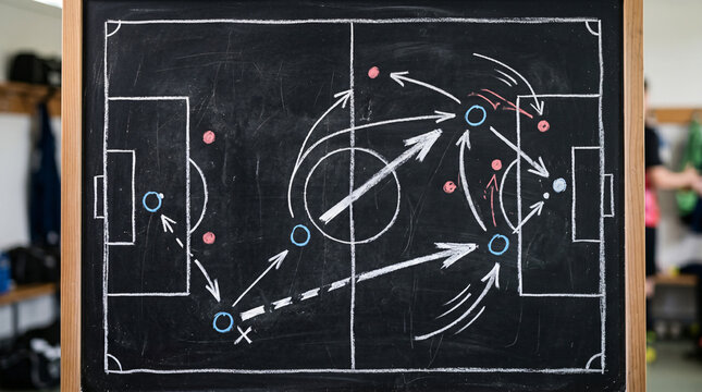 Coach drawing strategy on chalkboard