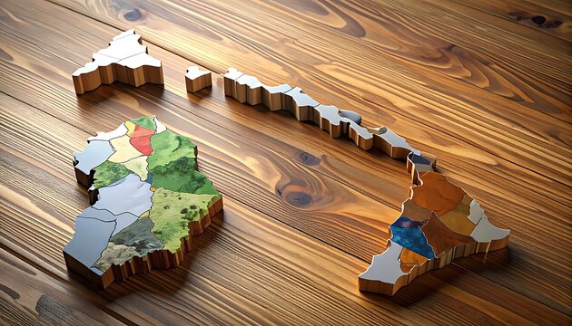 3D render of Australia and New Zealand map outlines filled with diverse colorful regions, set on a rustic wooden table, representing geographic diversity and regional segmentation