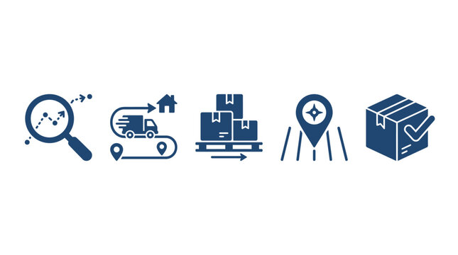 Logistics and Delivery Icons: Search, Transit, Packages, Location, and Fulfillment