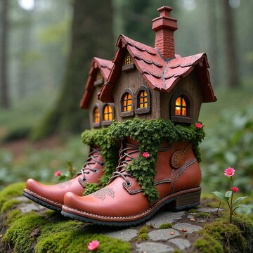 This is a decorative figurine in the form of a fairy-tale house built inside a pair of antique leather boots