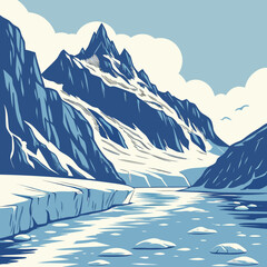 Glacier and icy river with snow-capped mountains and clouds in the arctic landscape ice floes mountains landscape peaceful wilderness illustration environment outdoors background © Monir
