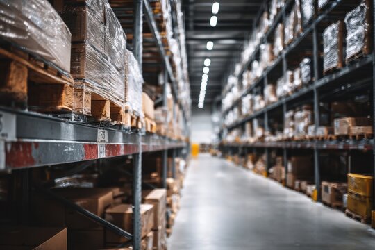 Industrial storage aisle showing merchandise on metal racks with soft focus