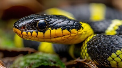 Fototapeta premium Intimate close shot of a yellow and black banded reptile among green foliage