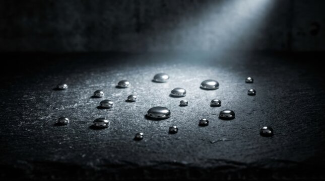 Drops of shiny liquid mercury metal on a dark textured stone surface
