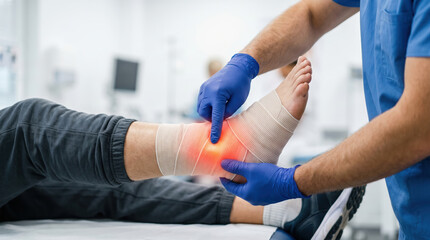 Fototapeta premium A healthcare worker applies bandages to a patient's injured foot in a hospital. The patient lies on a table while receiving care