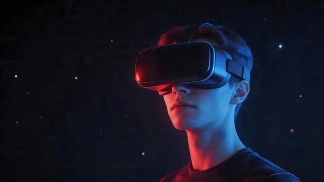 Young man wearing VR headset in space