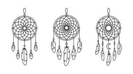 Obraz premium This captivating collection of dreamcatchers in line art style represents spirituality and protection, perfect for decor and artistic themes conveying dreams and aspirations.
