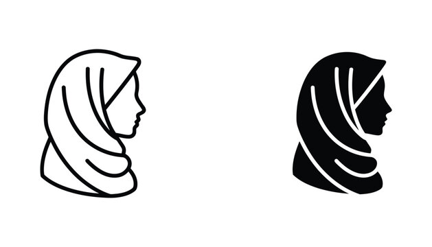 Woman wearing hijab silhouette vector icon design in outline and solid black style for cultural and religious themes