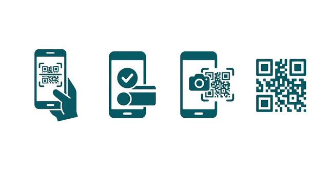 QR Code Scan and Payment Icons: Mobile Payment, Scanning, and Digital Transactions