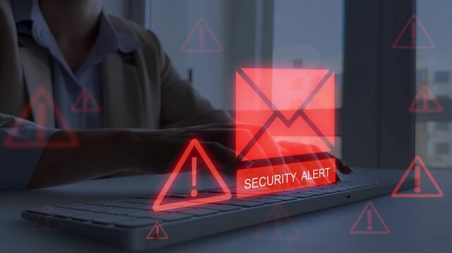 Spam email message on digital screen.Email security and virus spam alert in email. Fake text email scam.Scammers online.Cyber scam.	
