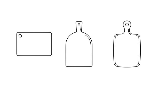An elegant line art collection of various cutting boards, showcasing their simplistic and functional design, ideal for contemporary kitchen aesthetics.