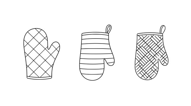 A stylish collection of heat proof oven mitts captured in elegant line art, reflecting their essential role in cooking while showcasing modern design.