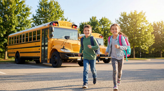 Two children with backpacks run happily toward a parked school bus. The scene takes place in a parking lot surrounded by trees in the afternoon light