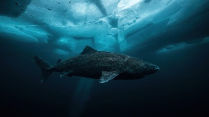 Fototapeta premium Greenland shark swimming beneath broken sea ice, dark ancient body in blue polar water, mysterious arctic animal underwater scene with glacial ceiling, cold shadows and deep ocean mood below