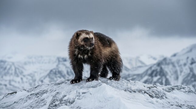 Gulo gulo standing on a snowy summit in falling flakes, dark thick fur and strong stance above distant peaks, arctic animal predator portrait with rugged wilderness and stormy cold air in winter
