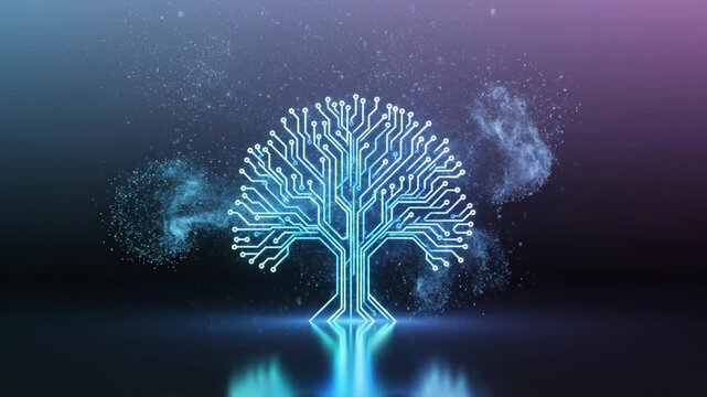 A glowing digital circuit board tree animation with blue neon light and particle effects on a dark reflective surface.