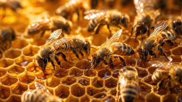 Golden honey bees working together on detailed hexagonal honeycomb cells showcase natural cooperation and intricate colony behavior in sunlight