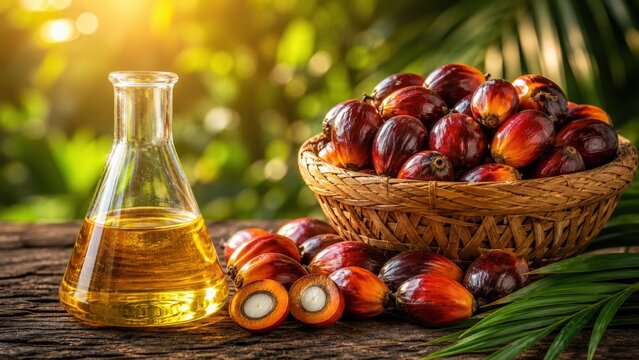 Golden Palm Oil Refined in Glass Flask Rests Beside Fresh Harvest Fruitlets Showcasing Sustainable Agriculture Practices and Natural Ingredient Production