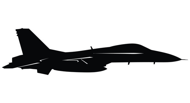 Silhouette of a modern fighter jet in flight against a white background