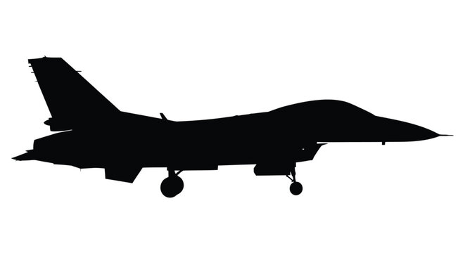 Silhouette of a fighter jet likely an f 16 shown in a side profile view
