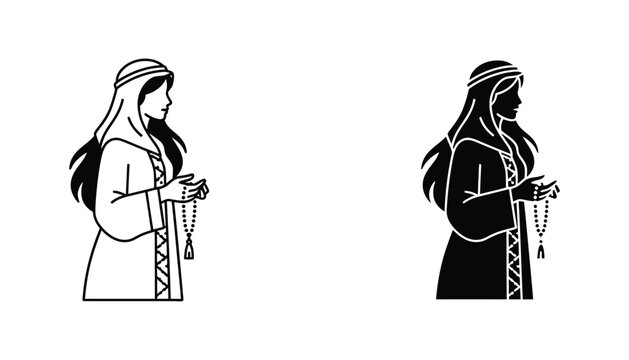 Woman wearing hijab holding prayer beads icon set in minimalist line art and solid black silhouette for religious and cultural graphic design assets isolated on white background