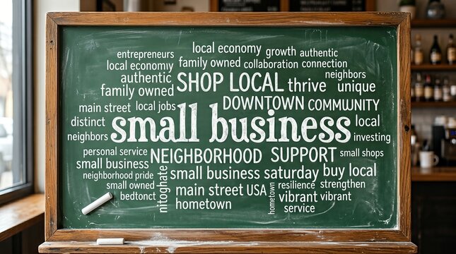Small business word cloud on green chalkboard, shop local and neighborhood support concept, vintage wooden frame blackboard with chalk