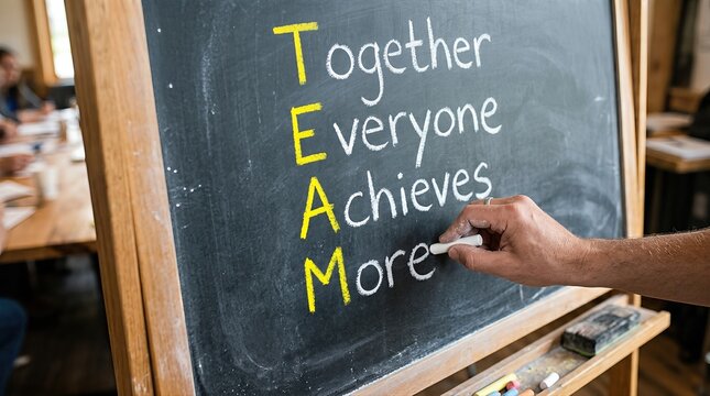 TEAM acronym written on chalkboard, Together Everyone Achieves More motivational quote, business teamwork concept in office setting