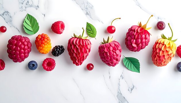 A vibrant flat lay of assorted berries, raspberries, blueberries, blackberries, and cherries, artfully arranged