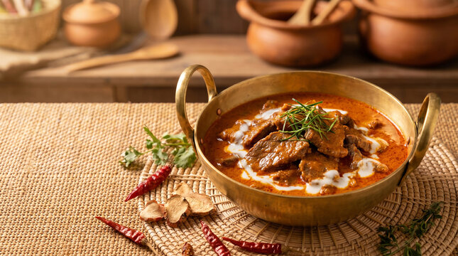 Thai Panang Beef Curry in Brass Kadai with Dried Chili and Spices