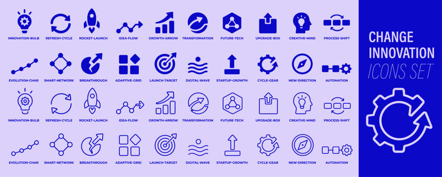 Change innovation icon set with rocket launch, growth arrows, transformation cycles, adaptive grids and creative process concepts in monochrome blue style