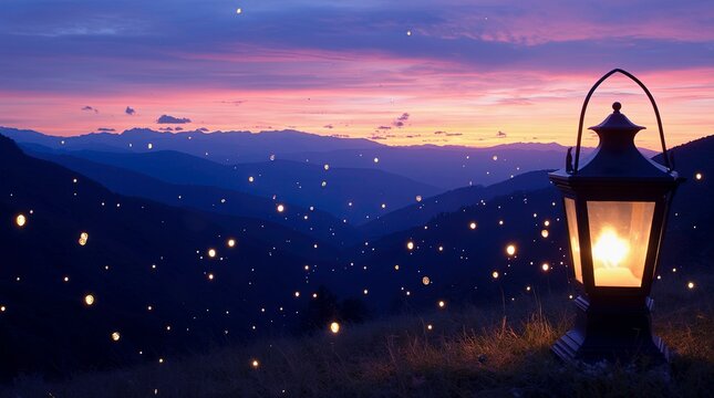 A magical twilight landscape with a glowing lantern in the foreground on the right side surrounded by hundreds of glowing fireflies with dramatic clouds.