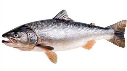 Obraz premium An isolated image of a shiny, silver-scaled fish, showcasing its fins and body details