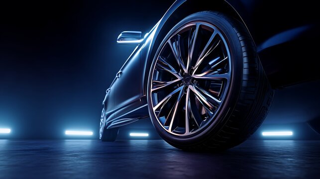 Luxury car tire with alloy wheel under studio lighting and glossy finish, premium automotive concept showcasing performance, elegance, and modern vehicle design.