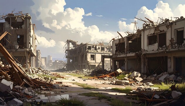 A desolate cityscape with destroyed buildings