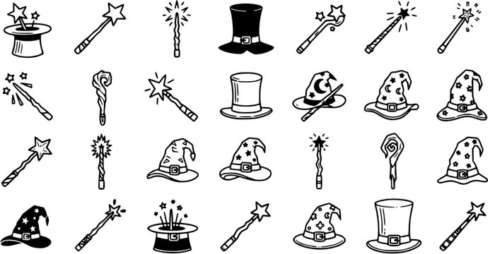 Black and White Line Art Icons of Magic Wands, Wizard Hats, and Top Hats for Fantasy Themes